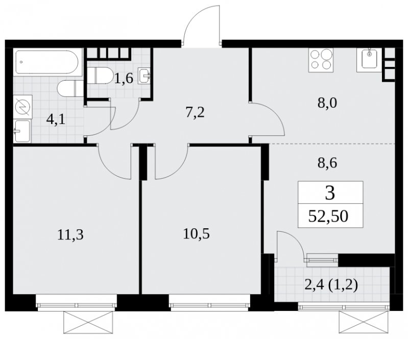 3-комнатная квартира (евро) с частичной отделкой, 52.5 м2, 11 этаж, сдача 2 квартал 2025 г., ЖК Прокшино, корпус 5.2.6 - объявление 1901092 - фото №1