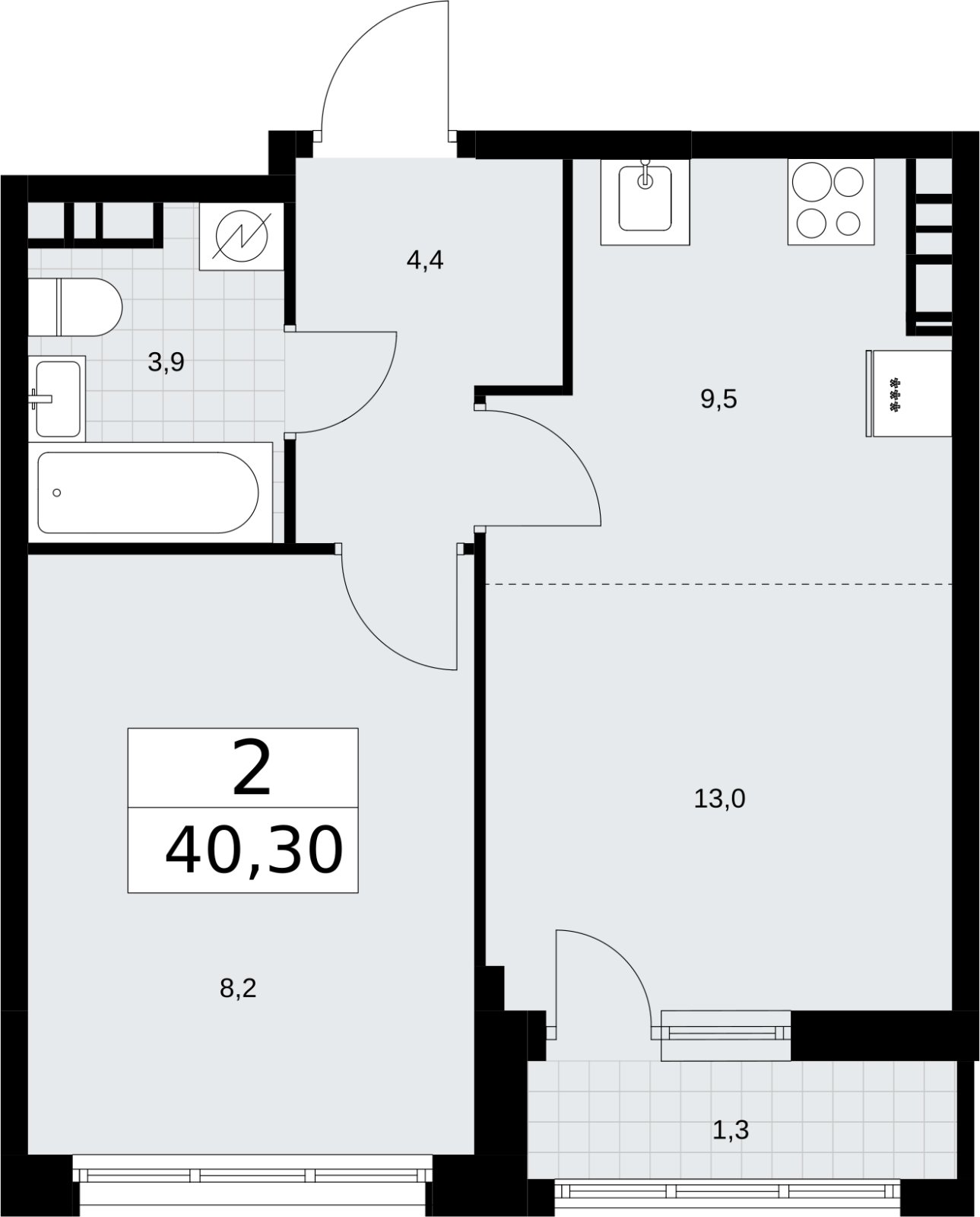2-комнатная квартира (евро) без отделки, 40.3 м2, 9 этаж, сдача 3 квартал 2026 г., ЖК Родные кварталы, корпус 3.1 - объявление 2378351 - фото №1