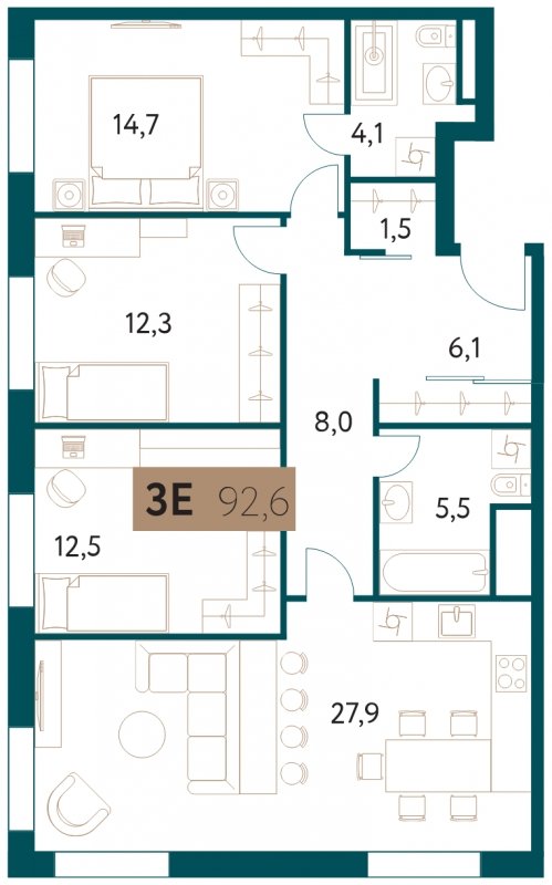 3-комнатная квартира 92.6 м2, 5 этаж, сдача 4 квартал 2022 г., ЖК Настоящее, корпус 1 - объявление 1768103 - фото №1