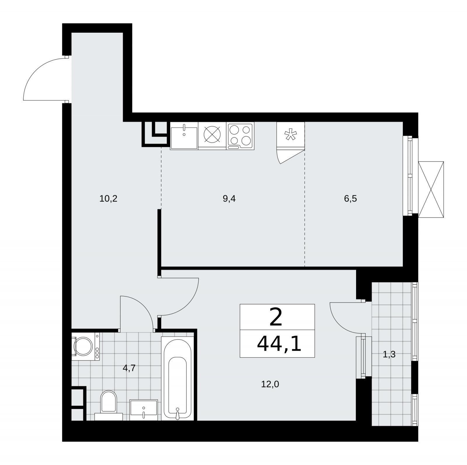 2-комнатная квартира (евро) без отделки, 44.1 м2, 3 этаж, сдача 4 квартал 2025 г., ЖК Прокшино, корпус 11.1.4 - объявление 2257572 - фото №1
