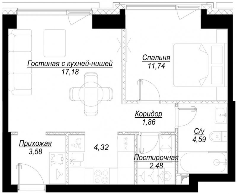 1-комнатная квартира с частичной отделкой, 45.8 м2, 16 этаж, дом сдан, ЖК Hide, корпус RiverSide - объявление 2192216 - фото №1