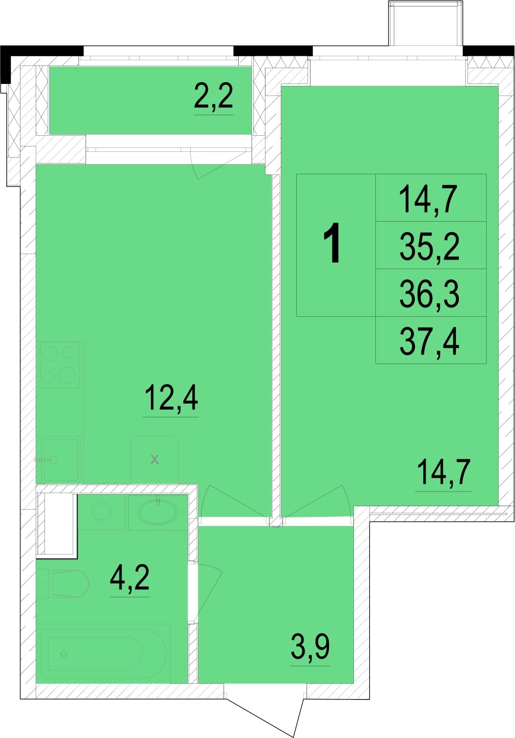 1-комнатная квартира без отделки, 36.3 м2, 2 этаж, сдача 1 квартал 2024 г., ЖК Отрадный, корпус 4 - объявление 1977743 - фото №1