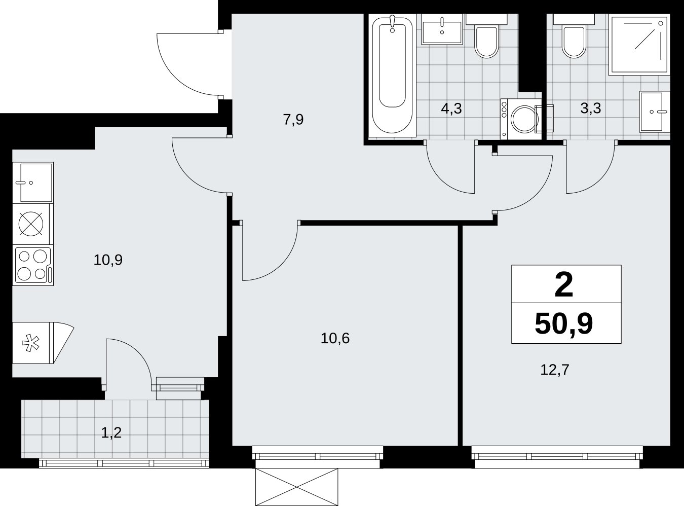 2-комнатная квартира без отделки, 50.9 м2, 11 этаж, сдача 1 квартал 2026 г., ЖК Дзен-кварталы, корпус 6.2.1 - объявление 2328565 - фото №1