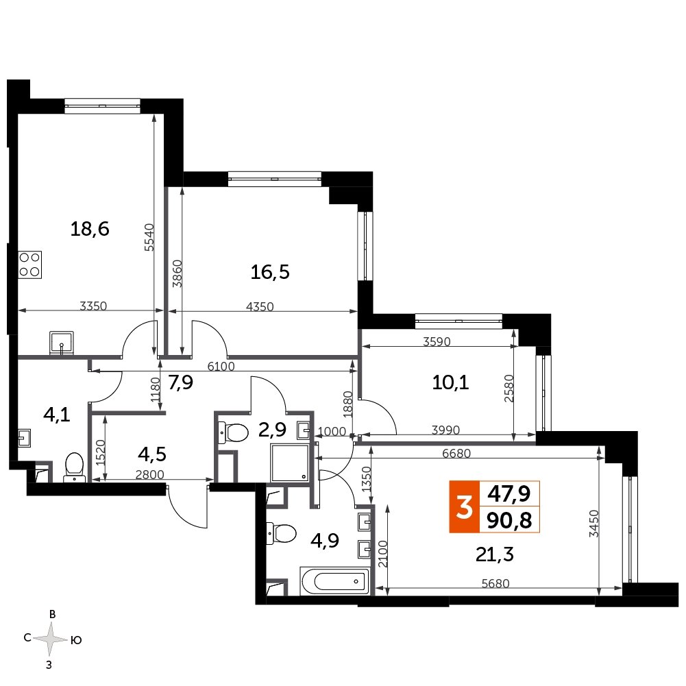 3-комнатная квартира с частичной отделкой, 90.8 м2, 16 этаж, сдача 3 квартал 2024 г., ЖК Sydney City, корпус 2.2 - объявление 2323049 - фото №1