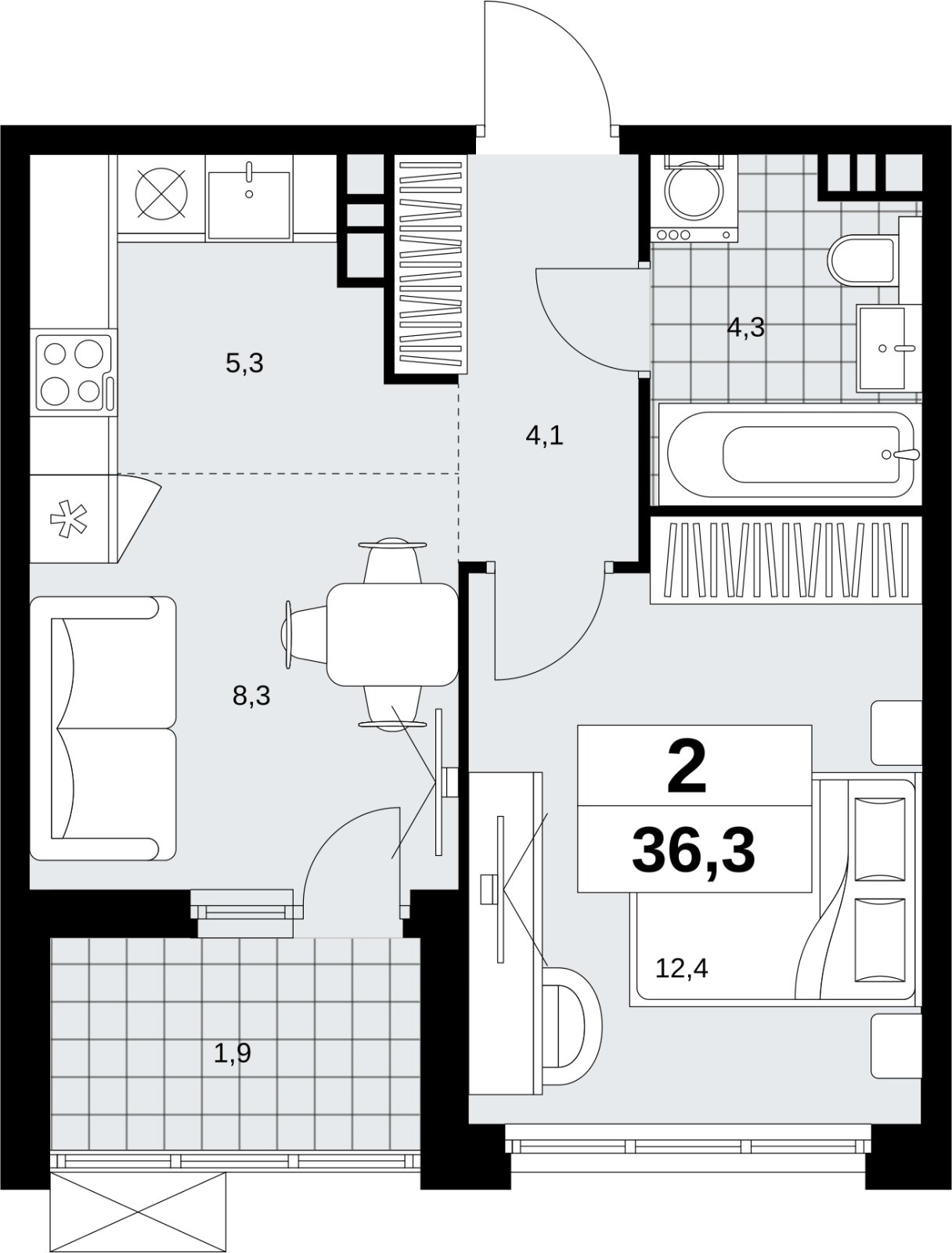 2-комнатная квартира (евро) без отделки, 36.3 м2, 5 этаж, сдача 4 квартал 2026 г., ЖК Скандинавия, корпус 2.18.2.6 - объявление 2351737 - фото №1