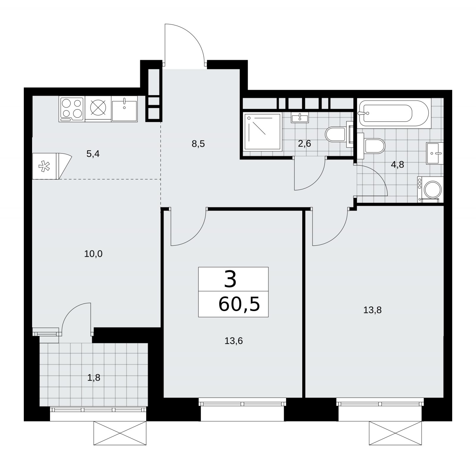 3-комнатная квартира (евро) без отделки, 60.5 м2, 20 этаж, сдача 4 квартал 2025 г., ЖК Бунинские кварталы, корпус 6.5 - объявление 2252893 - фото №1