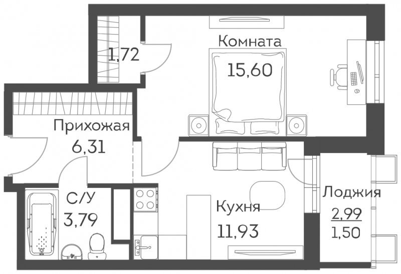 1-комнатная квартира с частичной отделкой, 40.85 м2, 16 этаж, сдача 2 квартал 2022 г., ЖК Аквилон Митино, корпус 3 - объявление 1449169 - фото №1