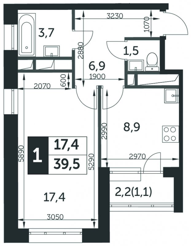 1-комнатная квартира без отделки, 39.6 м2, 6 этаж, сдача 2 квартал 2022 г., ЖК Датский квартал, корпус 5 - объявление 1677891 - фото №1