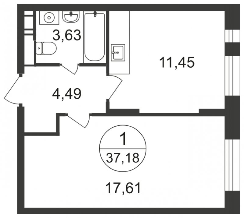 1-комнатная квартира с полной отделкой, 37.18 м2, 3 этаж, сдача 3 квартал 2023 г., ЖК Люберцы, корпус 66 - объявление 1682326 - фото №1