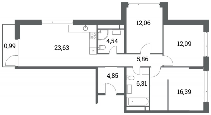 3-комнатная квартира без отделки, 85.73 м2, 8 этаж, сдача 4 квартал 2022 г., ЖК Headliner, корпус 7 - объявление 1285081 - фото №1