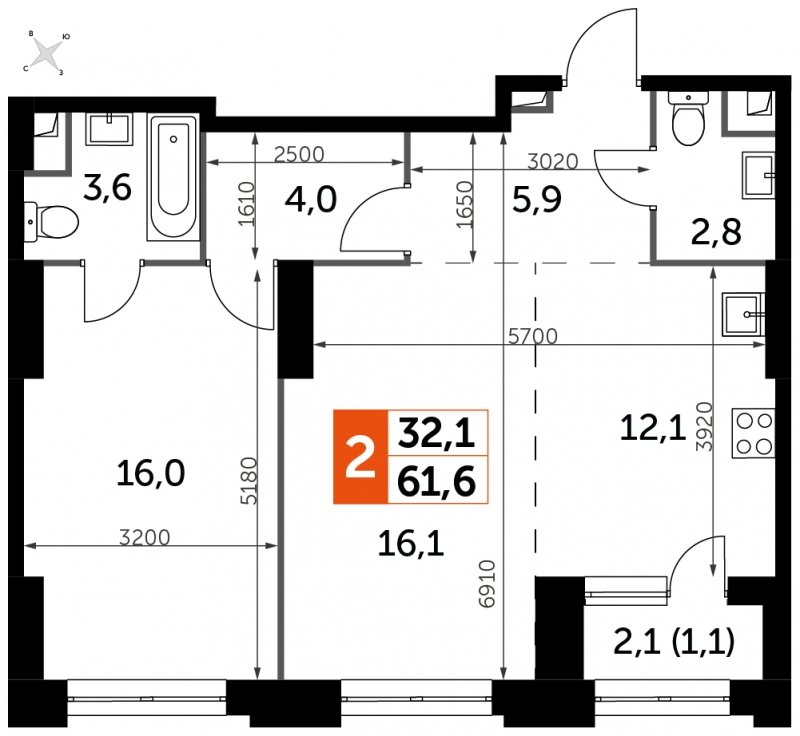 2-комнатная квартира с частичной отделкой, 61.6 м2, 3 этаж, сдача 1 квартал 2023 г., ЖК Sydney City, корпус 3 - объявление 1658342 - фото №1