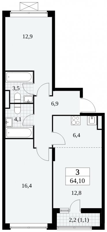 3-комнатная квартира (евро) с полной отделкой, 64.1 м2, 6 этаж, сдача 3 квартал 2024 г., ЖК Прокшино, корпус 6.4 - объявление 1663083 - фото №1