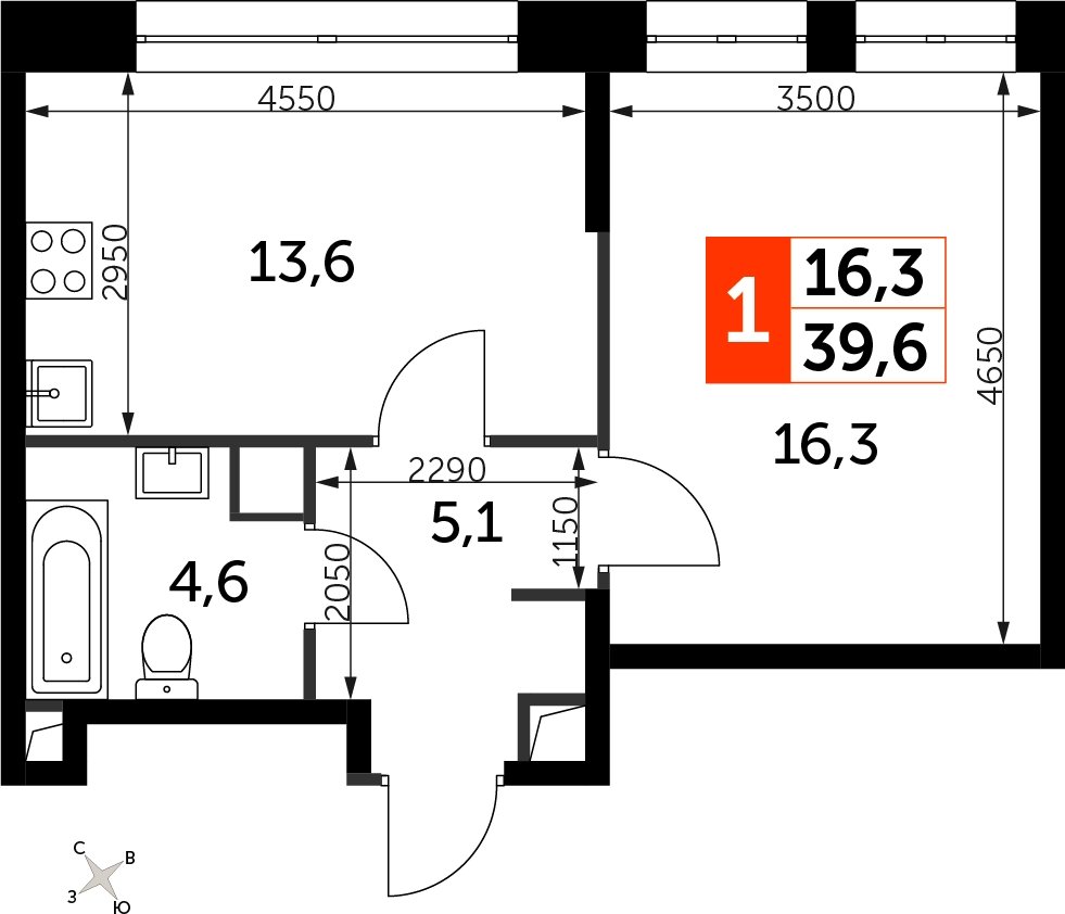 1-комнатная квартира с полной отделкой, 39.6 м2, 4 этаж, сдача 3 квартал 2024 г., ЖК Sydney City, корпус 2.1 - объявление 2207333 - фото №1