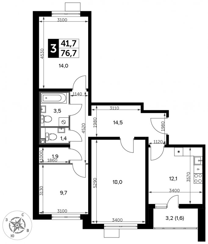 3-комнатная квартира с частичной отделкой, 76.7 м2, 2 этаж, сдача 3 квартал 2023 г., ЖК Южная Битца, корпус 11 - объявление 1771686 - фото №1