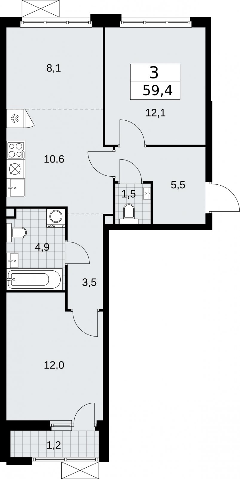3-комнатная квартира (евро) с частичной отделкой, 59.4 м2, 2 этаж, сдача 2 квартал 2026 г., ЖК Бунинские кварталы, корпус 5.1 - объявление 2297109 - фото №1