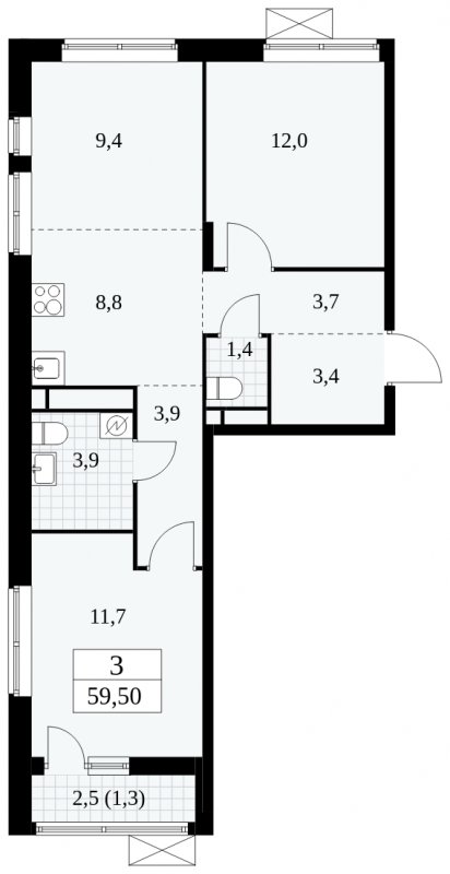 3-комнатная квартира (евро) без отделки, 59.5 м2, 15 этаж, сдача 1 квартал 2025 г., ЖК Прокшино, корпус 5.1.3 - объявление 1810852 - фото №1