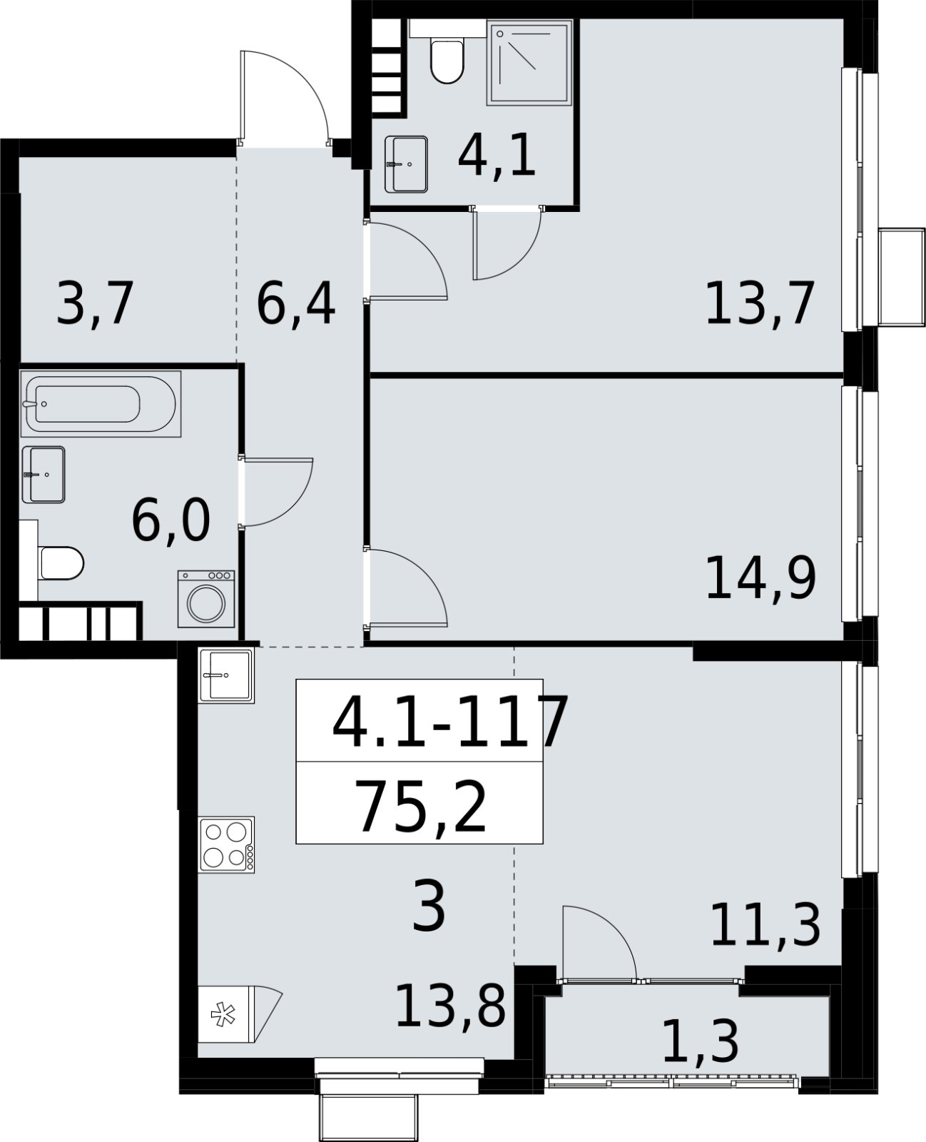 3-комнатная квартира (евро) с полной отделкой, 75.2 м2, 21 этаж, сдача 2 квартал 2027 г., ЖК Южные сады, корпус 4.1.1 - объявление 2392658 - фото №1