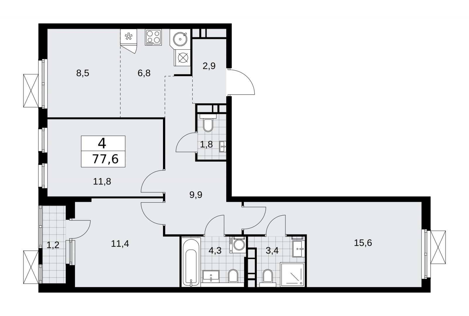 4-комнатная квартира (евро) с частичной отделкой, 77.6 м2, 9 этаж, сдача 2 квартал 2026 г., ЖК Прокшино, корпус 11.2.3 - объявление 2270383 - фото №1
