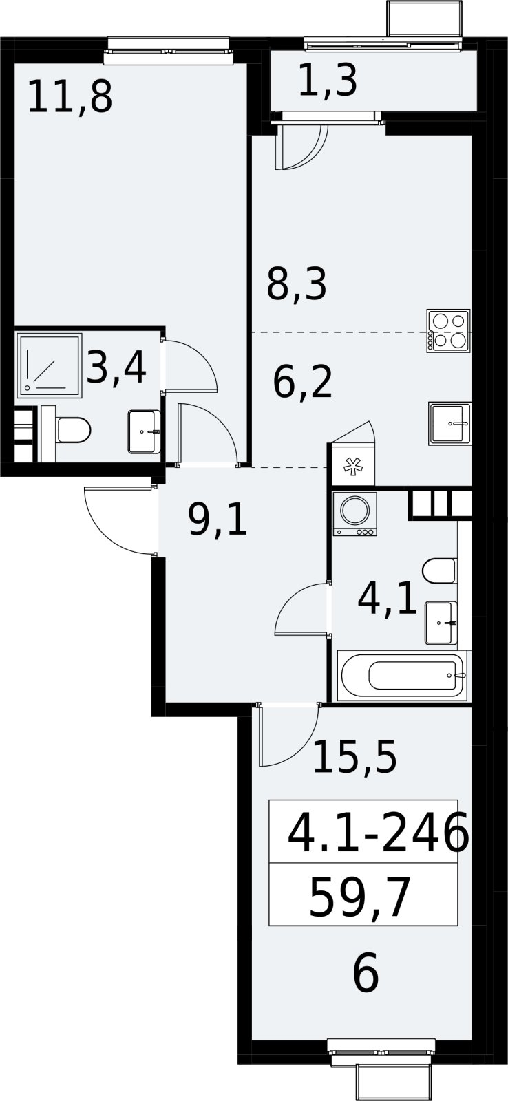 3-комнатная квартира (евро) с полной отделкой, 59.7 м2, 8 этаж, сдача 2 квартал 2027 г., ЖК Южные сады, корпус 4.1.2 - объявление 2392762 - фото №1