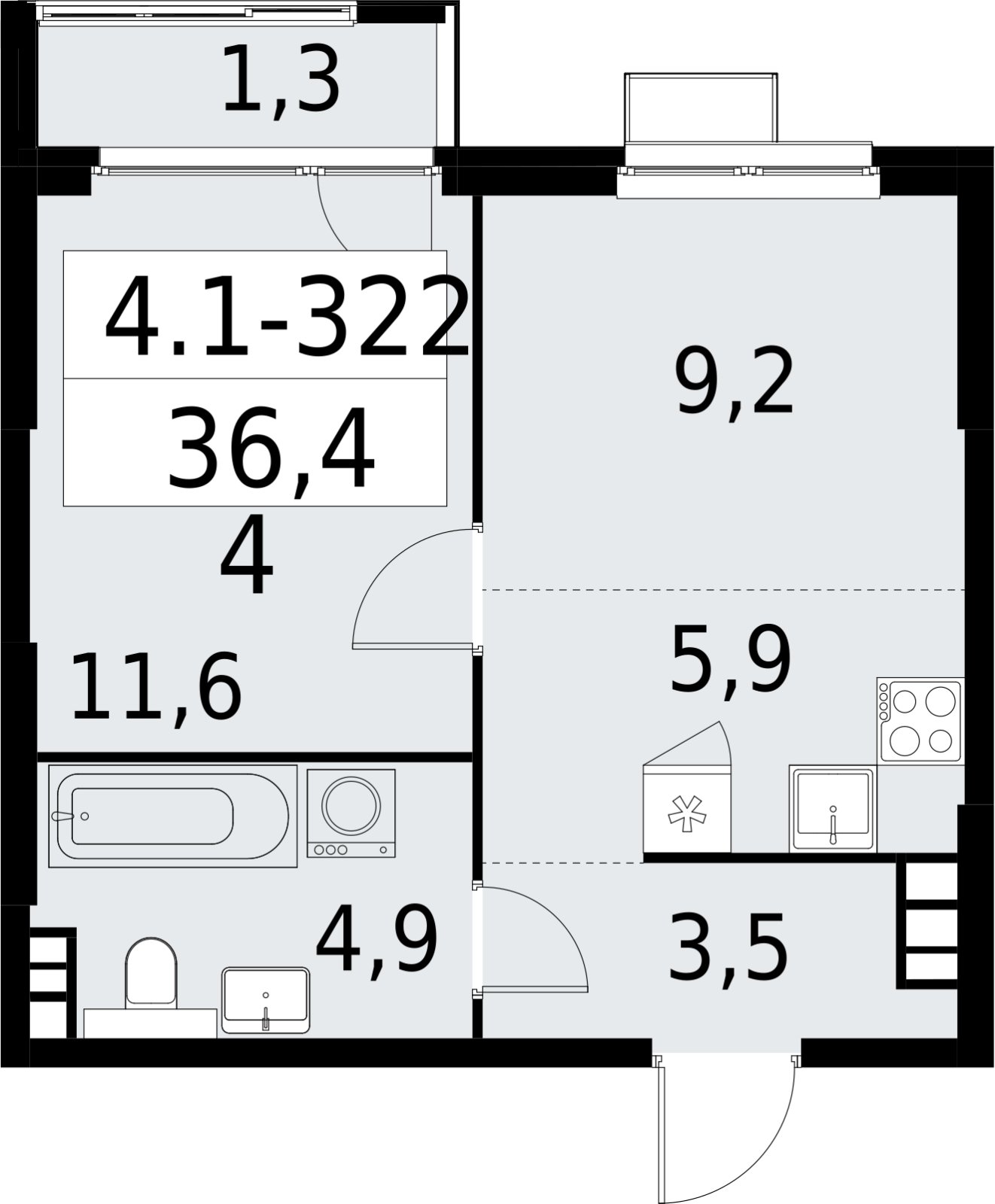 2-комнатная квартира (евро) с полной отделкой, 36.4 м2, 12 этаж, сдача 2 квартал 2027 г., ЖК Южные сады, корпус 4.1.2 - объявление 2392830 - фото №1
