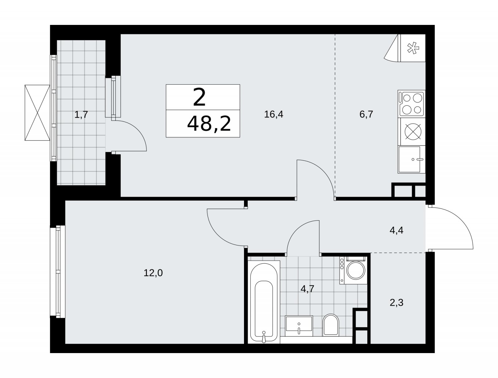 2-комнатная квартира (евро) без отделки, 48.2 м2, 3 этаж, сдача 1 квартал 2026 г., ЖК Прокшино, корпус 11.2.2 - объявление 2270057 - фото №1