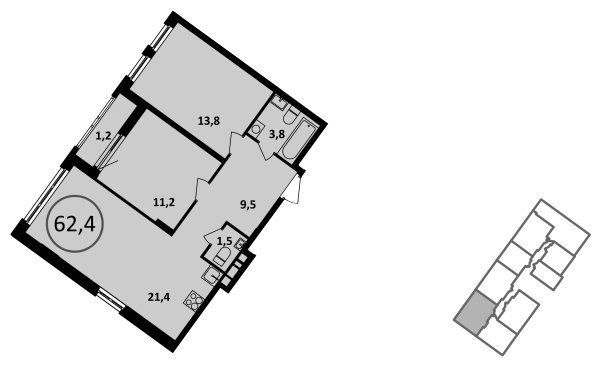 2-комнатная квартира без отделки, 62.4 м2, 12 этаж, сдача 4 квартал 2022 г., ЖК Испанские кварталы, корпус 5.4 - объявление 1458576 - фото №1
