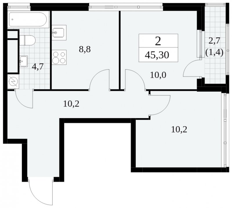 2-комнатная квартира без отделки, 45.3 м2, 26 этаж, сдача 2 квартал 2025 г., ЖК Южные сады, корпус 2.3 - объявление 1758269 - фото №1