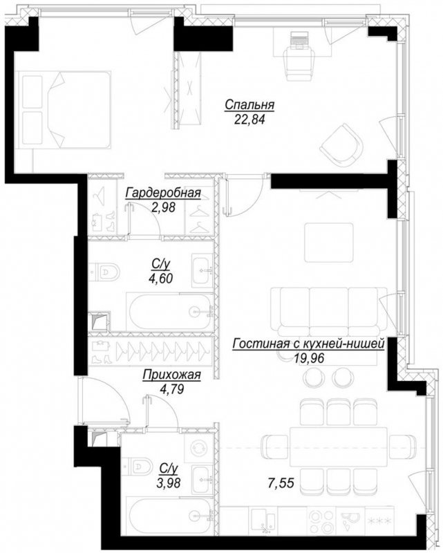 1-комнатная квартира с частичной отделкой, 66.7 м2, 13 этаж, сдача 1 квартал 2023 г., ЖК Hide, корпус RiverSide - объявление 1707088 - фото №1