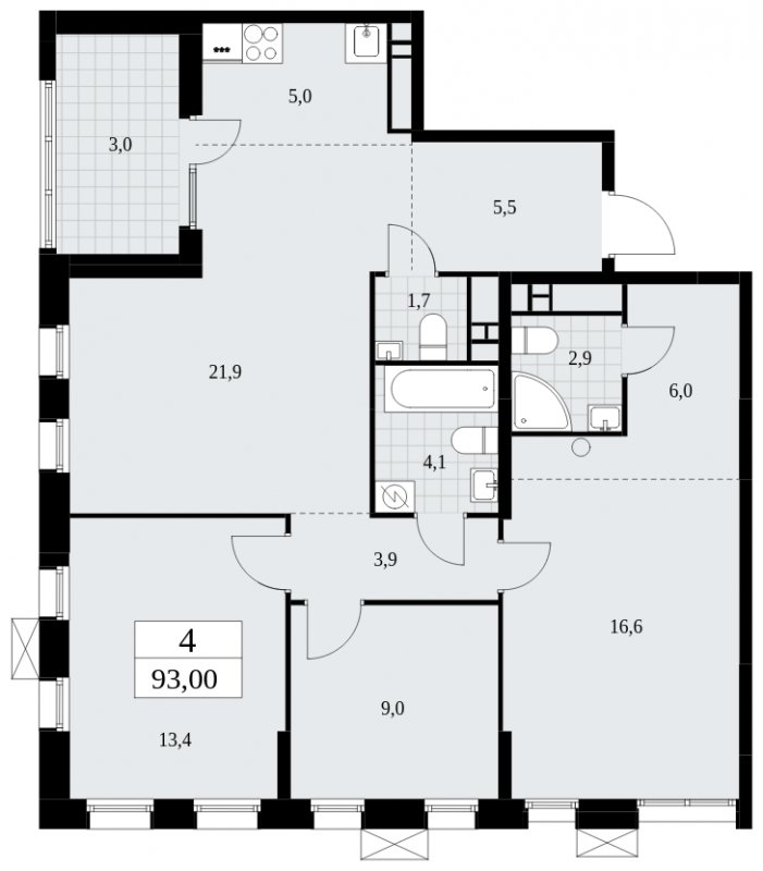 4-комнатная квартира (евро) с частичной отделкой, 93 м2, 18 этаж, сдача 1 квартал 2025 г., ЖК Дзен-кварталы, корпус 1.1 - объявление 1895629 - фото №1