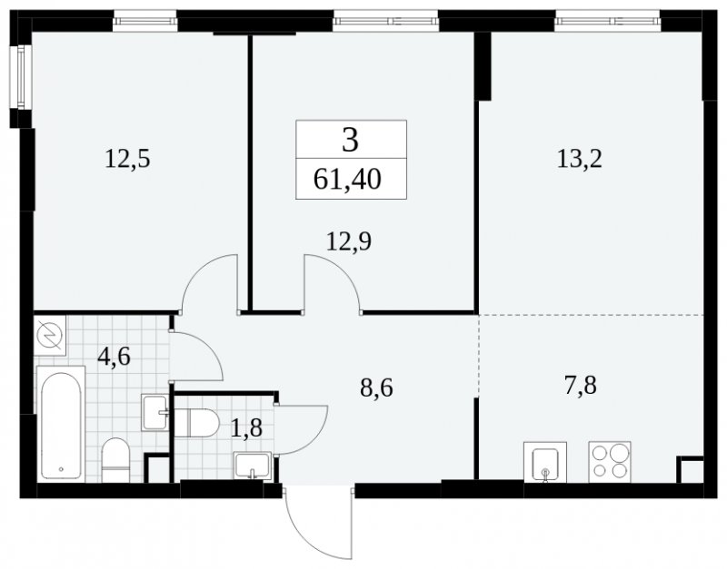 3-комнатная квартира (евро) с полной отделкой, 61.4 м2, 2 этаж, сдача 2 квартал 2025 г., ЖК Южные сады, корпус 2.2 - объявление 1757467 - фото №1