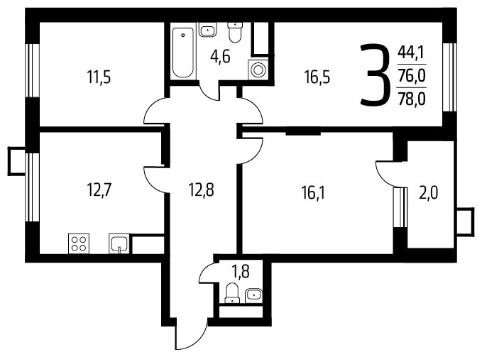 3-комнатная квартира с полной отделкой, 78 м2, 6 этаж, дом сдан, ЖК Новые Ватутинки. Центральный, корпус 9/1/1.2 - объявление 1674858 - фото №1
