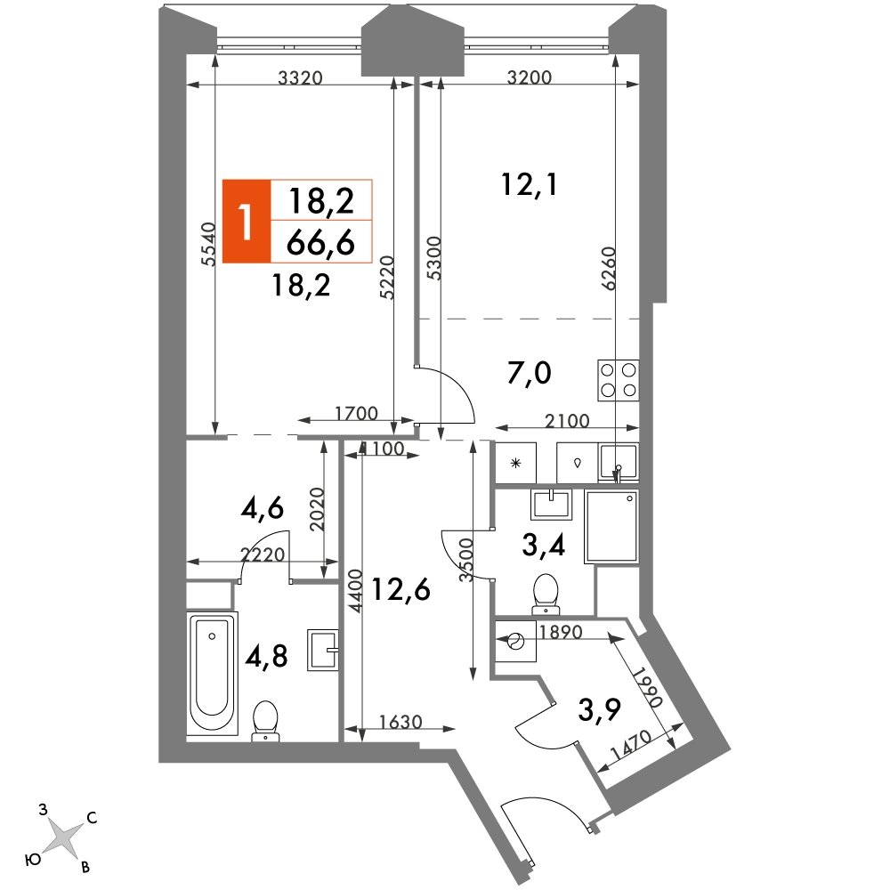 1-комнатная квартира с частичной отделкой, 66.6 м2, 31 этаж, сдача 4 квартал 2023 г., ЖК Архитектор, корпус 3 - объявление 2266950 - фото №1