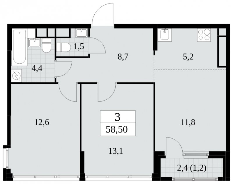 3-комнатная квартира (евро) с частичной отделкой, 58.5 м2, 30 этаж, сдача 2 квартал 2025 г., ЖК Южные сады, корпус 2.2 - объявление 1757680 - фото №1