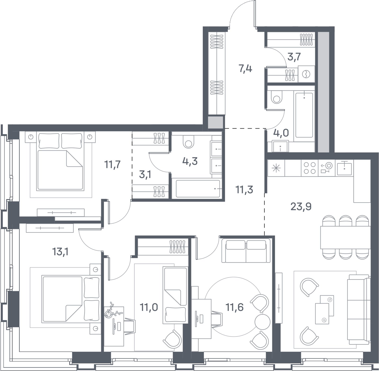 4-комнатная квартира 105.1 м2, 25 этаж, сдача 4 квартал 2025 г., ЖК Portland, корпус 1 - объявление 2398151 - фото №1