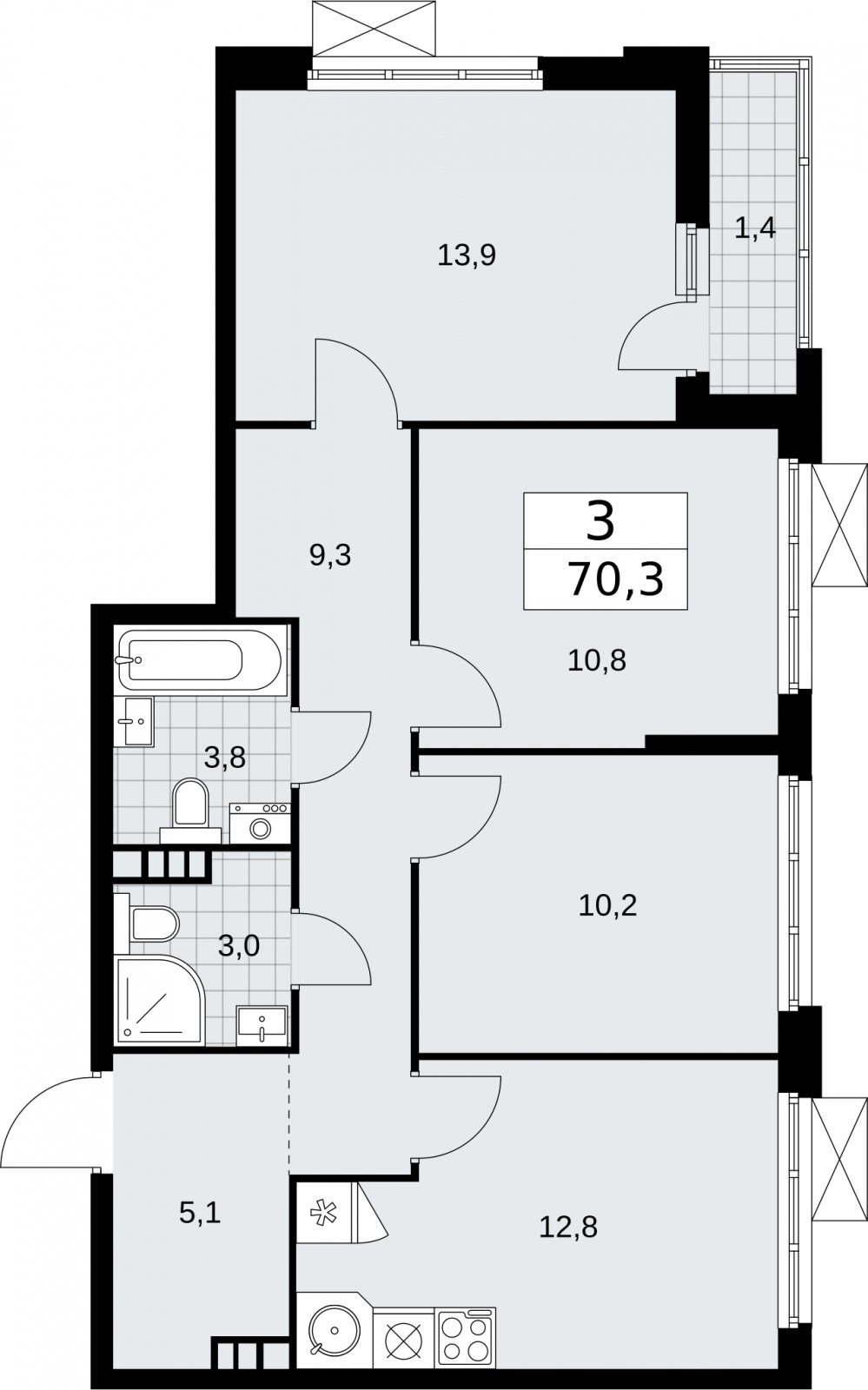 3-комнатная квартира без отделки, 70.3 м2, 5 этаж, сдача 2 квартал 2026 г., ЖК Бунинские кварталы, корпус 5.4 - объявление 2297785 - фото №1
