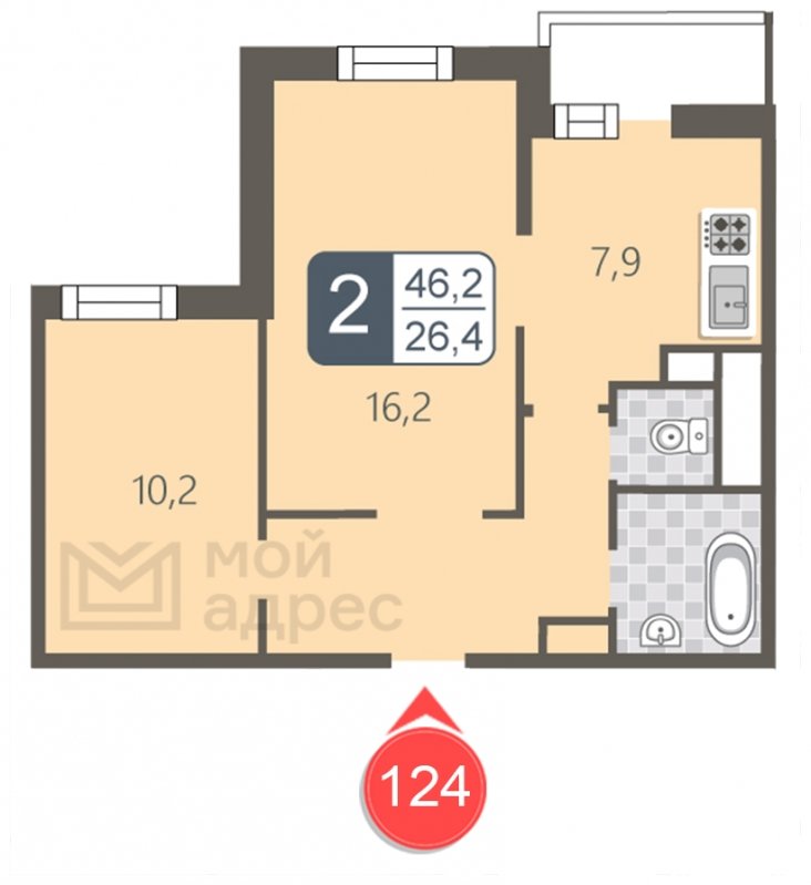 2-комнатная квартира с полной отделкой, 46.2 м2, 7 этаж, дом сдан, ЖК мой адрес В Зеленограде, корпус 2032 - объявление 1853428 - фото №1
