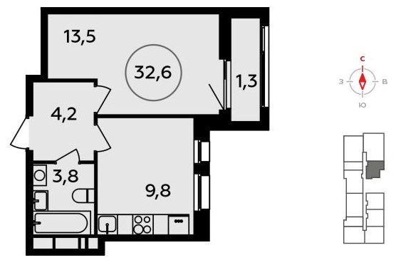 1-комнатная квартира с полной отделкой, 32.6 м2, 14 этаж, сдача 4 квартал 2023 г., ЖК Прокшино, корпус 4.1 - объявление 1497884 - фото №1