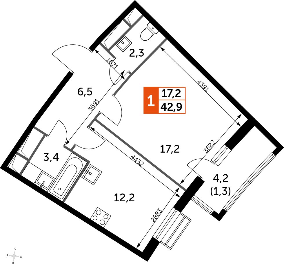1-комнатная квартира без отделки, 42.8 м2, 6 этаж, дом сдан, ЖК UP-квартал Римский, корпус 7 - объявление 2353928 - фото №1