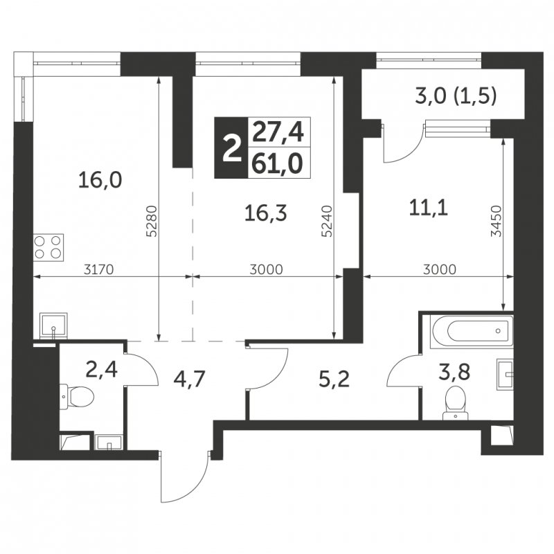 2-комнатная квартира с частичной отделкой, 61 м2, 24 этаж, сдача 4 квартал 2023 г., ЖК Архитектор, корпус 3 - объявление 1652479 - фото №1
