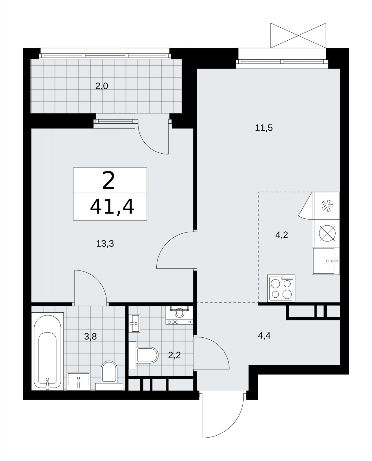 2-комнатная квартира (евро) без отделки, 41.4 м2, 6 этаж, сдача 1 квартал 2026 г., ЖК Дзен-кварталы, корпус 4.3 - объявление 2251750 - фото №1