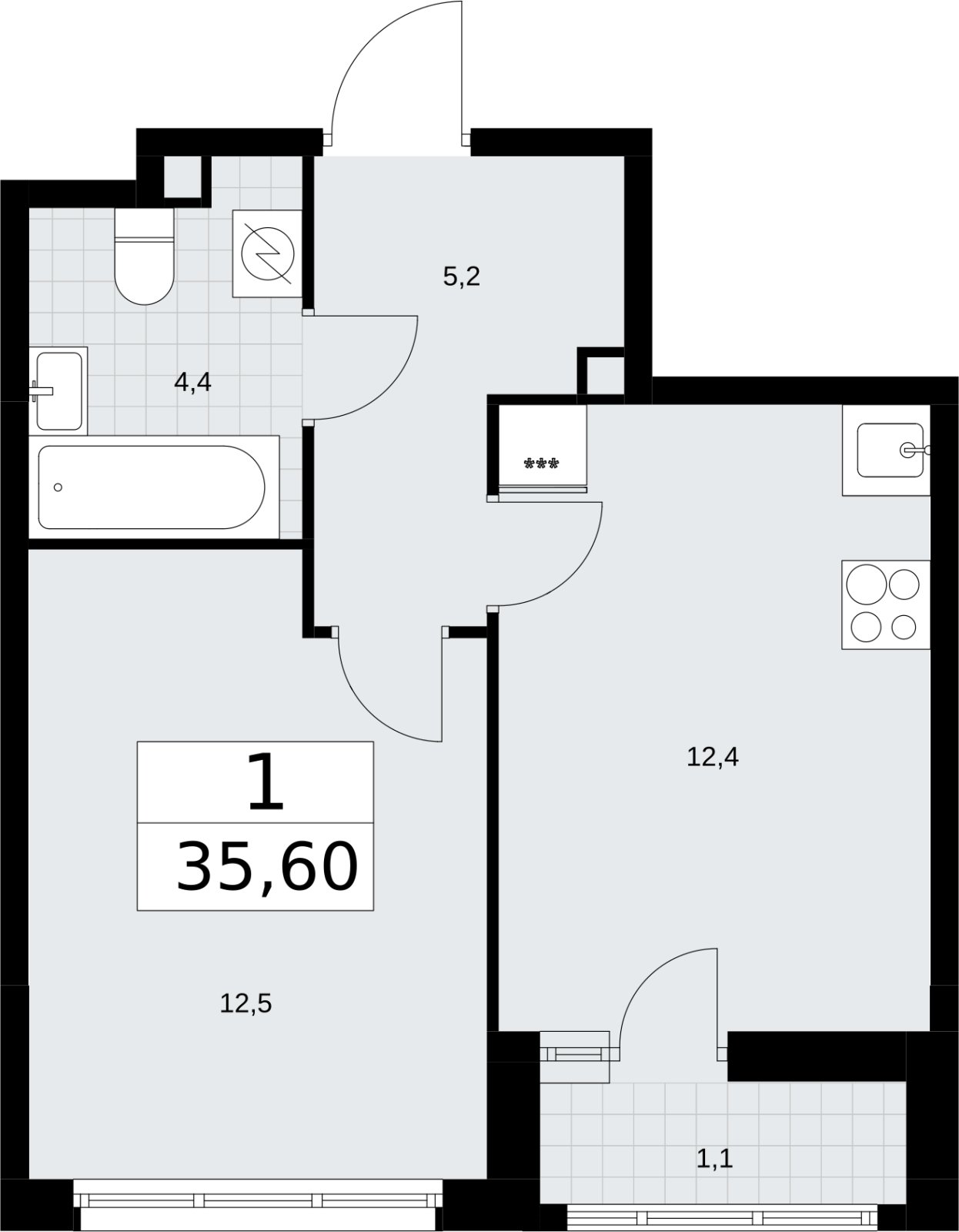 1-комнатная квартира без отделки, 35.6 м2, 2 этаж, сдача 3 квартал 2026 г., ЖК Родные кварталы, корпус 3.1 - объявление 2378177 - фото №1
