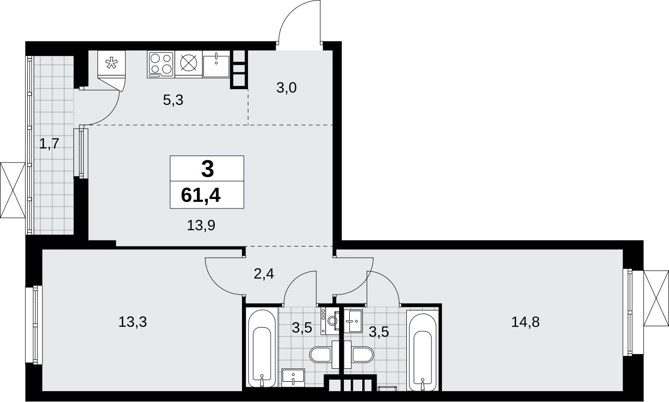 3-комнатная квартира (евро) без отделки, 61.4 м2, 4 этаж, сдача 1 квартал 2027 г., ЖК Прокшино, корпус 7.1.1 - объявление 2421758 - фото №1