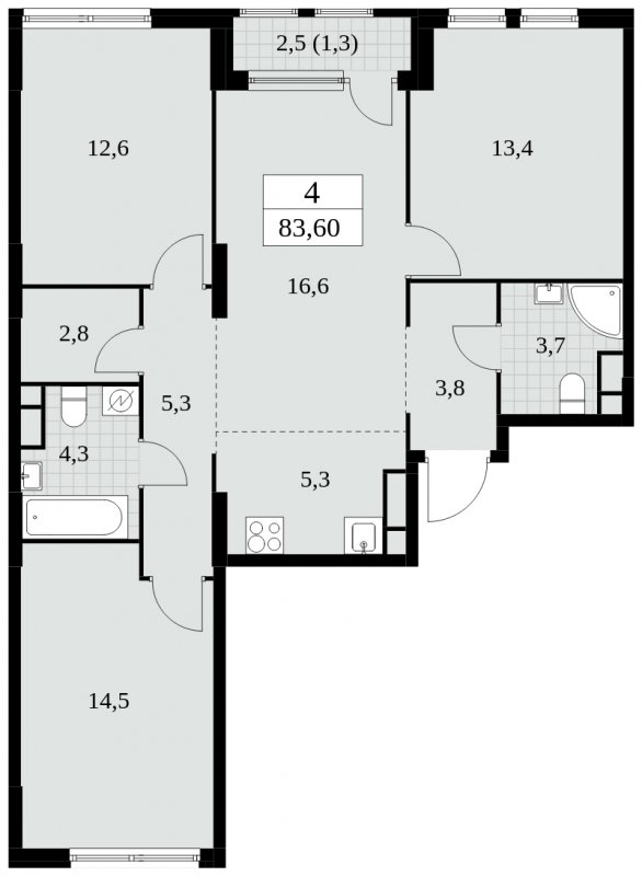 4-комнатная квартира (евро) без отделки, 83.6 м2, 11 этаж, сдача 2 квартал 2025 г., ЖК Южные сады, корпус 2.3 - объявление 1758185 - фото №1