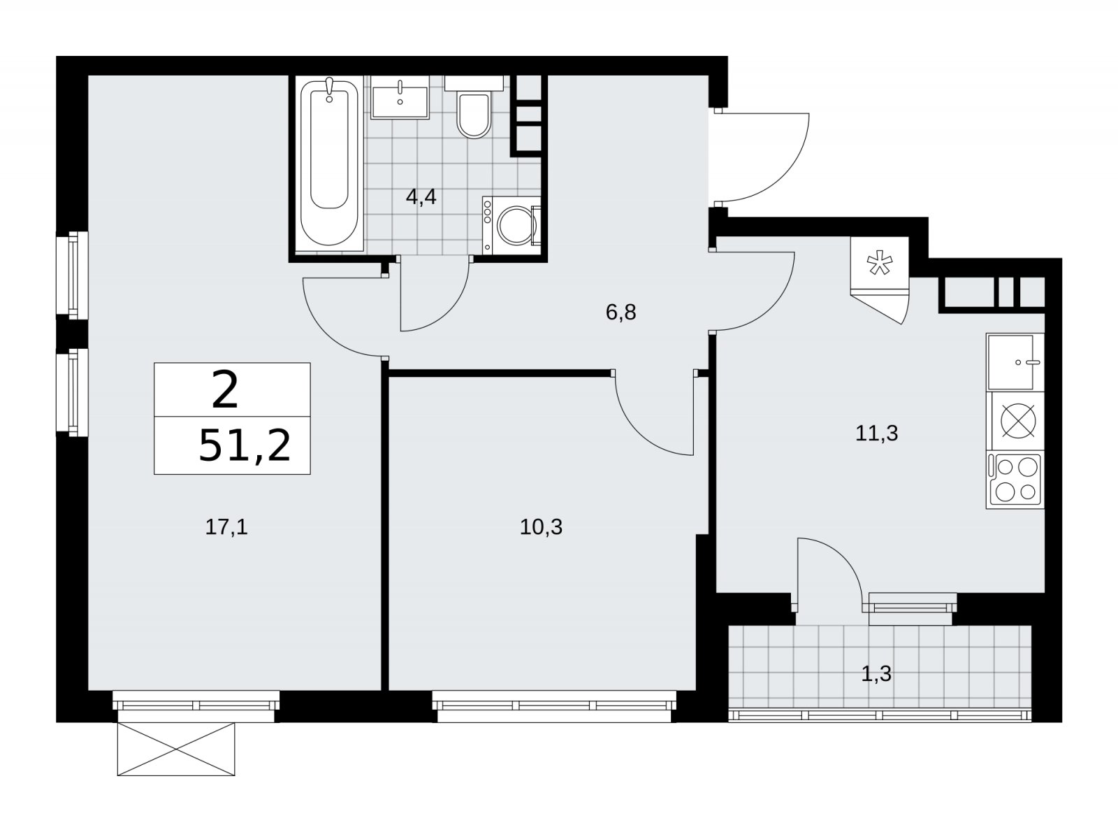 2-комнатная квартира с частичной отделкой, 51.2 м2, 8 этаж, сдача 1 квартал 2026 г., ЖК Прокшино, корпус 11.1.1 - объявление 2257088 - фото №1