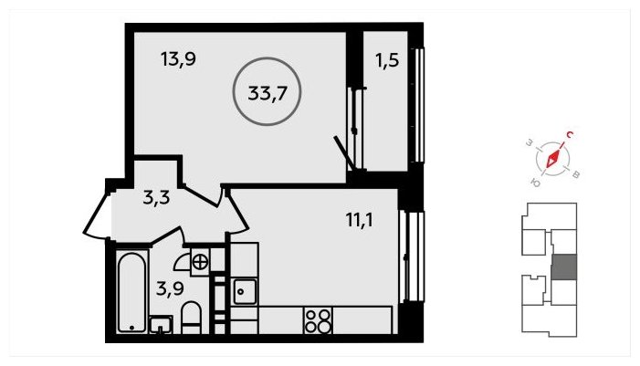 1-комнатная квартира с частичной отделкой, 33.7 м2, 5 этаж, сдача 3 квартал 2024 г., ЖК Скандинавия, корпус 22.3 - объявление 1625567 - фото №1