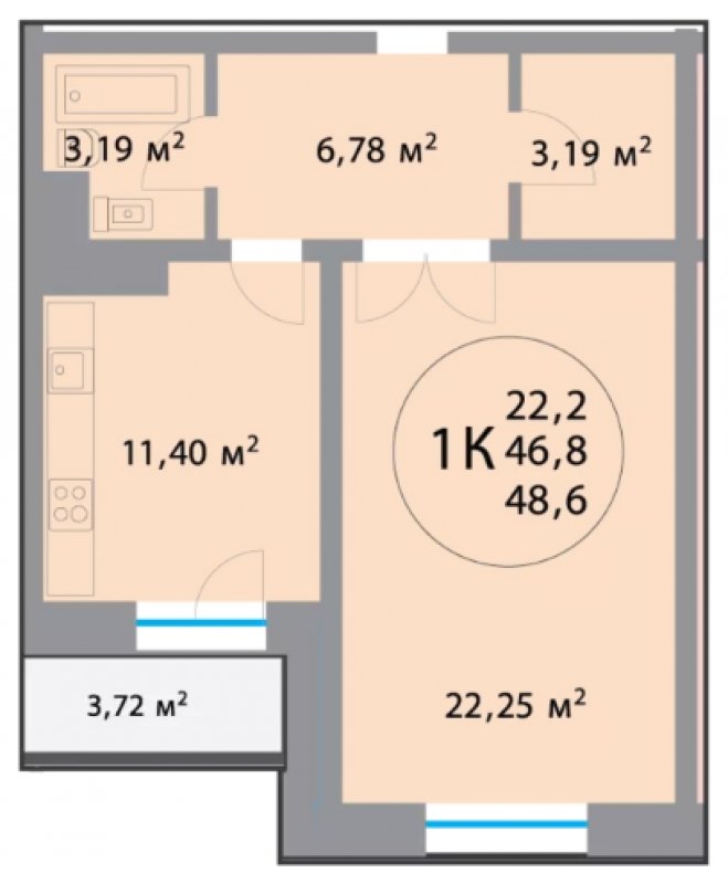 1-комнатная квартира 48.73 м2, 3 этаж, дом сдан, ЖК 28 микрорайон, корпус 2 - объявление 1447271 - фото №1