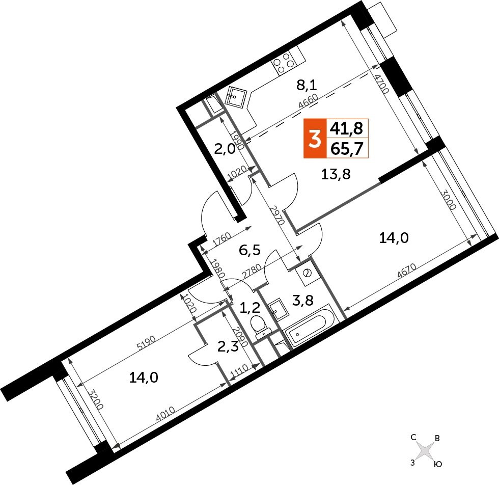 3-комнатная квартира с полной отделкой, 65.8 м2, 3 этаж, дом сдан, ЖК Датский квартал, корпус 2 - объявление 2333201 - фото №1