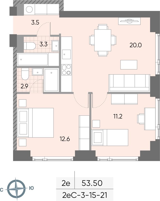 2-комнатная квартира 53.5 м2, 15 этаж, сдача 2 квартал 2026 г., ЖК WAVE, корпус 1 - объявление 2216675 - фото №1
