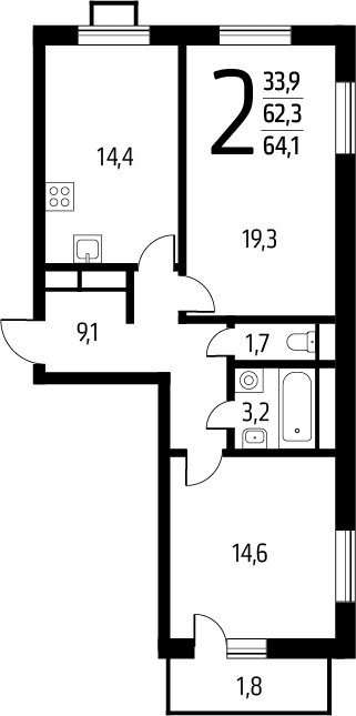 2-комнатная квартира без отделки, 64.1 м2, 8 этаж, сдача 1 квартал 2025 г., ЖК Новые Ватутинки. Заречный, корпус 5/3 - объявление 2272146 - фото №1