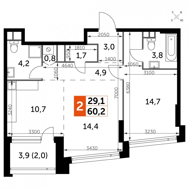 2-комнатная квартира с частичной отделкой, 60.2 м2, 9 этаж, сдача 4 квартал 2024 г., ЖК ROTTERDAM, корпус 2.3 - объявление 1710685 - фото №1